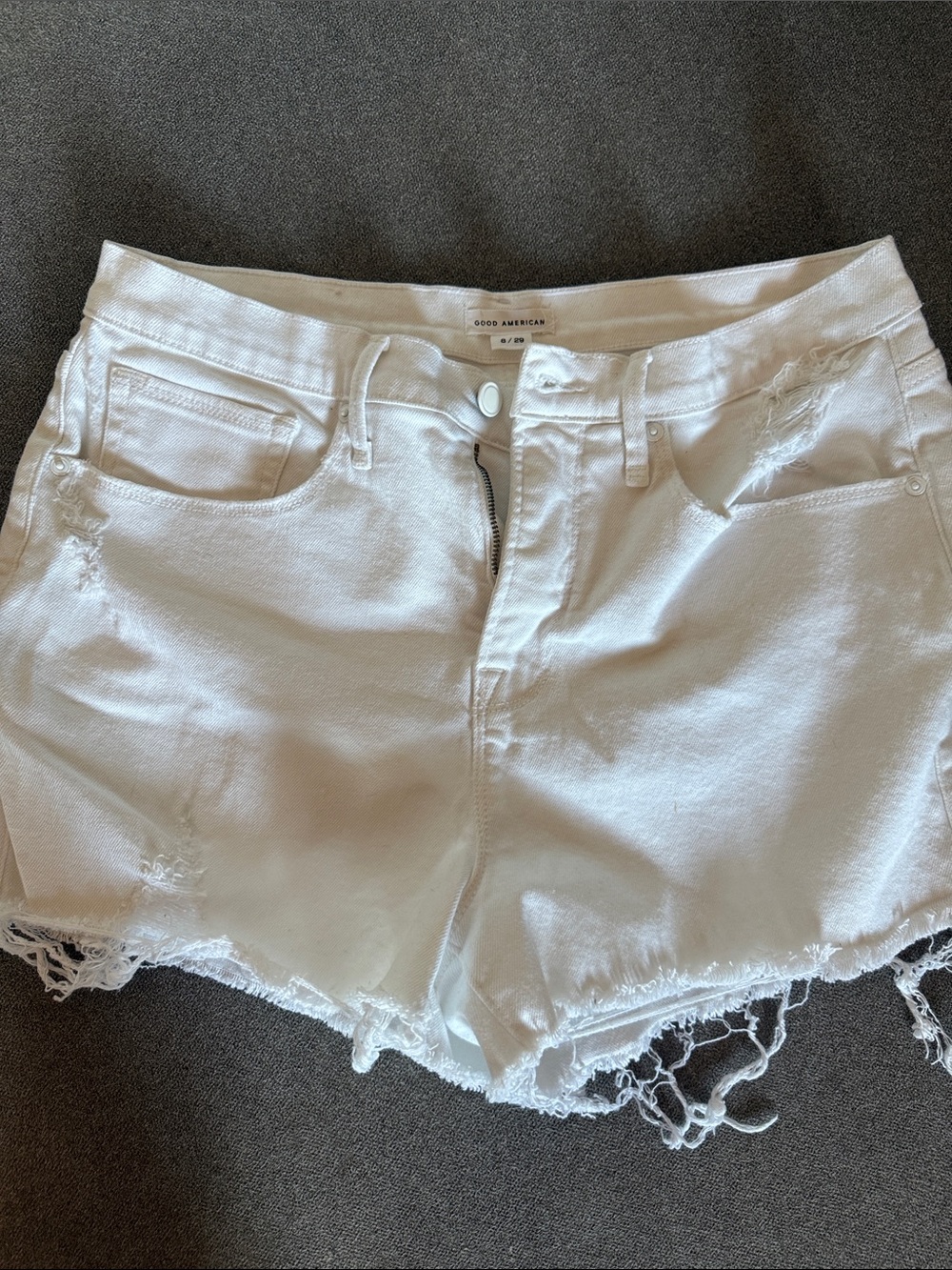 Good American White Frayed Hem Denim Shorts